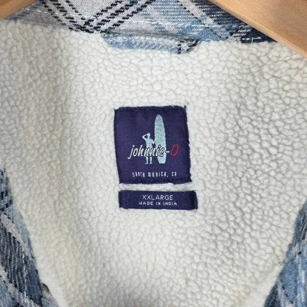 Johnnie-O Mens XXL Chad Shirt Jacket Blue‎ White Plaid Sherpa Lined Flannel